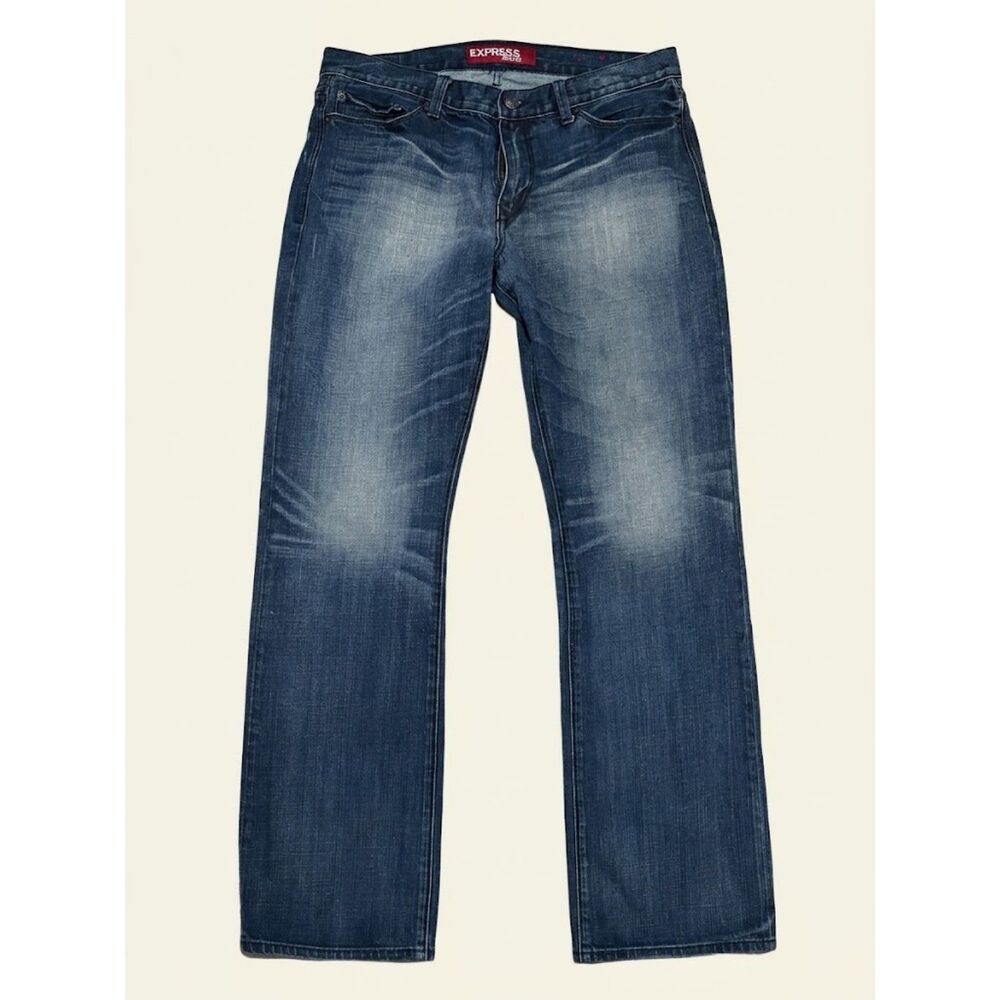 Vintage Y2K Boot Cut Jeans Mens 34x32 Low Rise Slim Fit Dark Wash Express Rocco